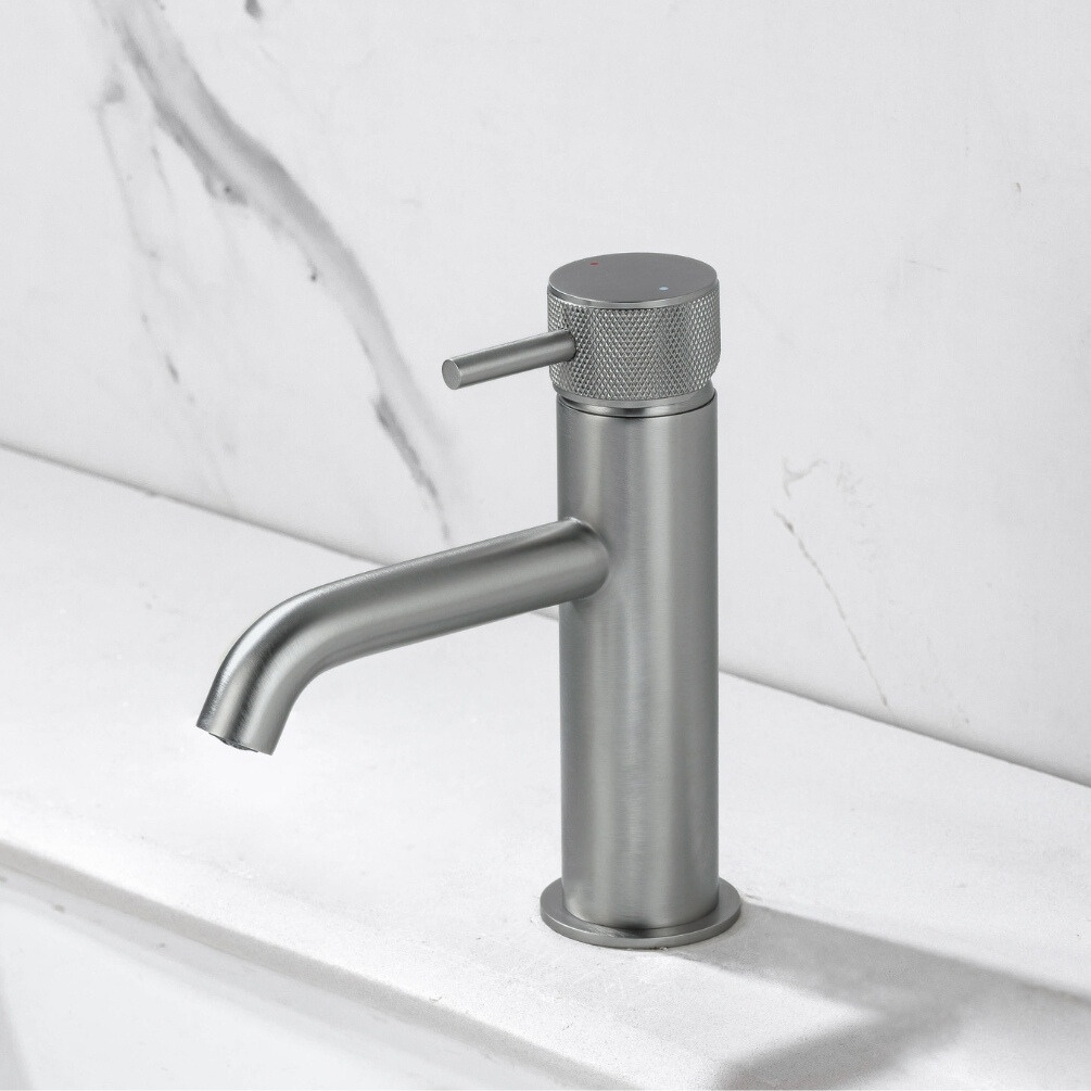 Close up product lifestyle image of the Abacus Iso Pro Anthracite Mono Basin Mixer